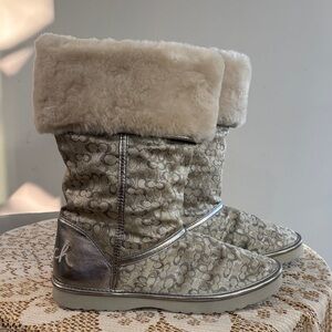 Coach Signature C Metallic Faux Fur Winter Boots Size 7